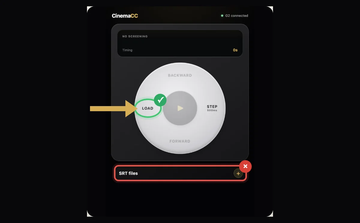 CinemaCC for Even G2 with an arrow and ring marking the LOAD control.