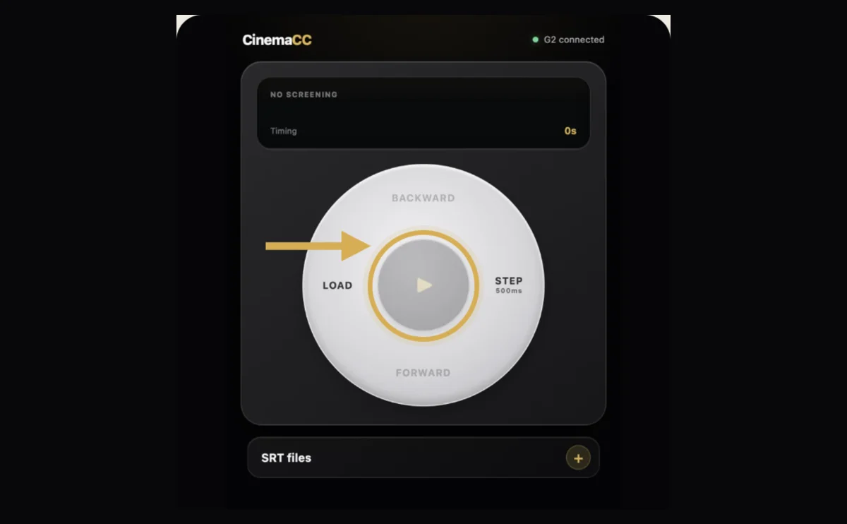 CinemaCC for Even G2 with an arrow and ring marking the play button.