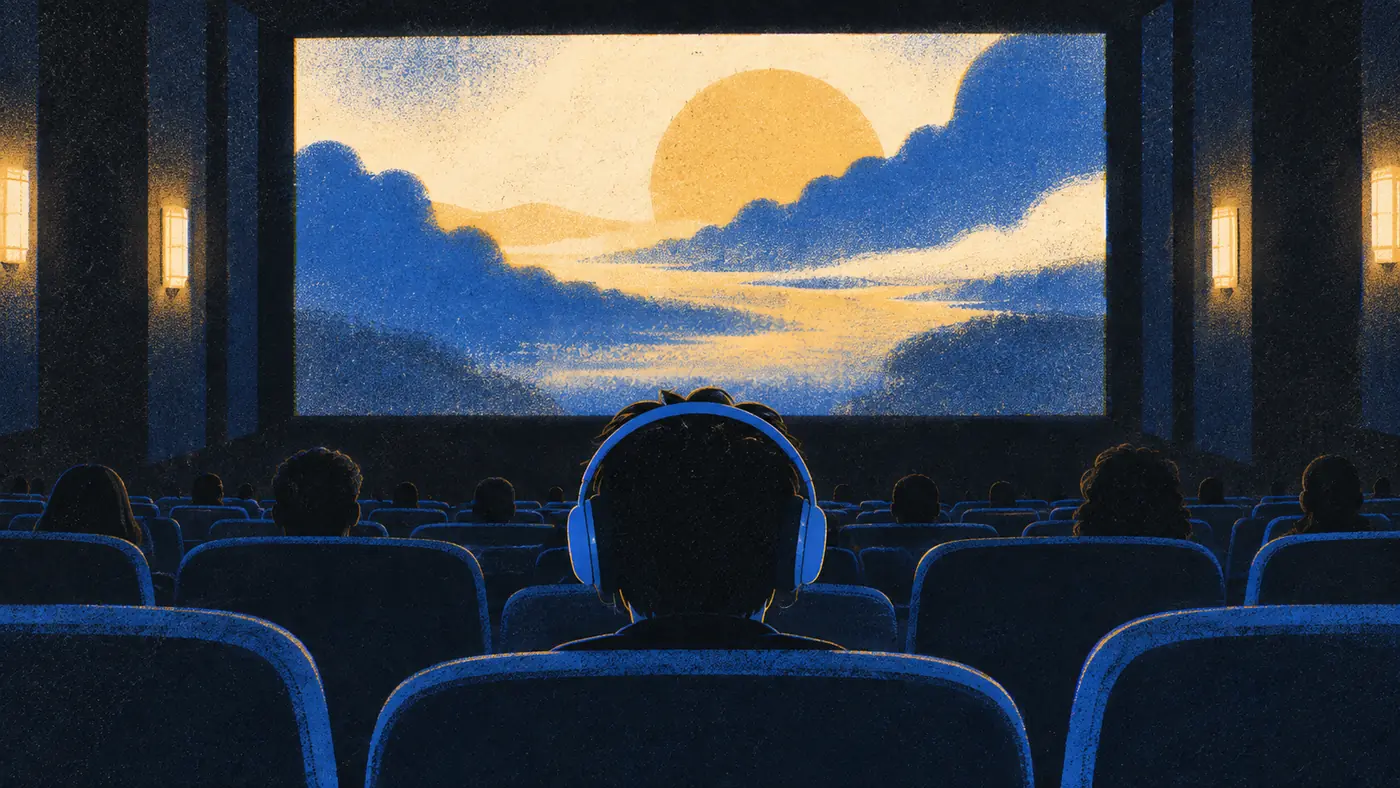 A viewer seen from behind in a dark cinema row wears over-ear headphones and looks up at the big screen.