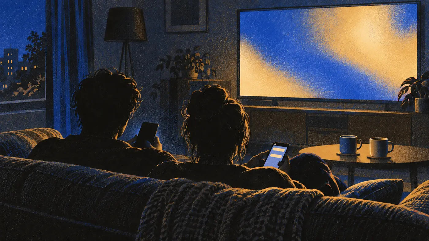 Two people sit on a sofa in a dim living room, seen from behind, each reading a phone while the film plays on the television.