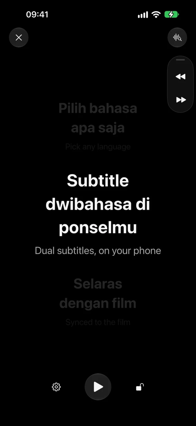 CinemaCC · Layar gelap yang tetap mudah dibaca tanpa mengganggu penonton lain