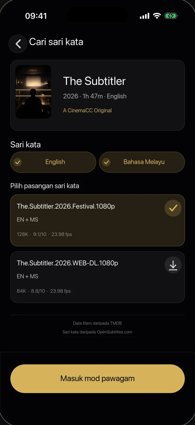 Cari sari kata: Cari filem dan pilih sari kata.