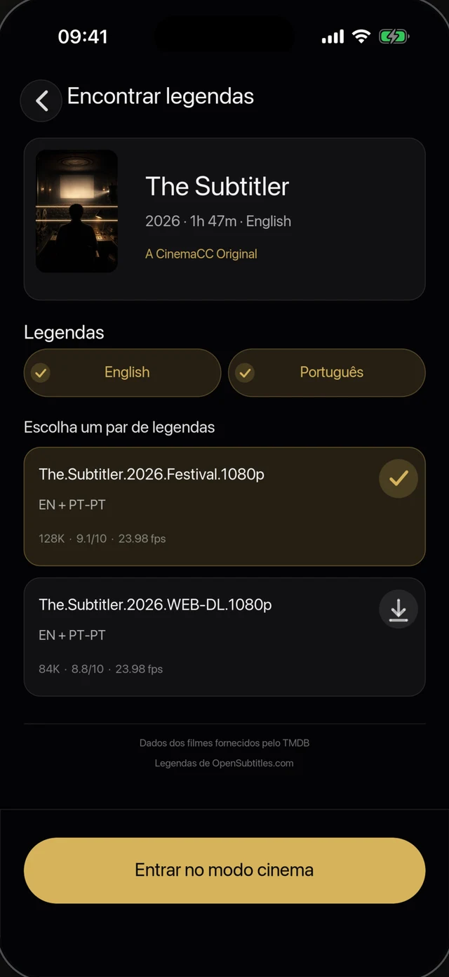 Encontrar legendas: Busque um filme e escolha as legendas.