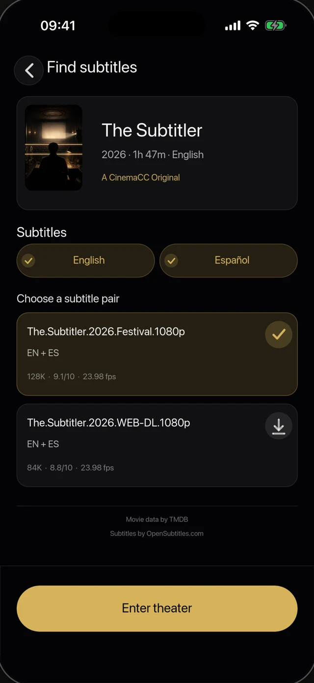 CinemaCC showing subtitle matches for a selected movie and two languages